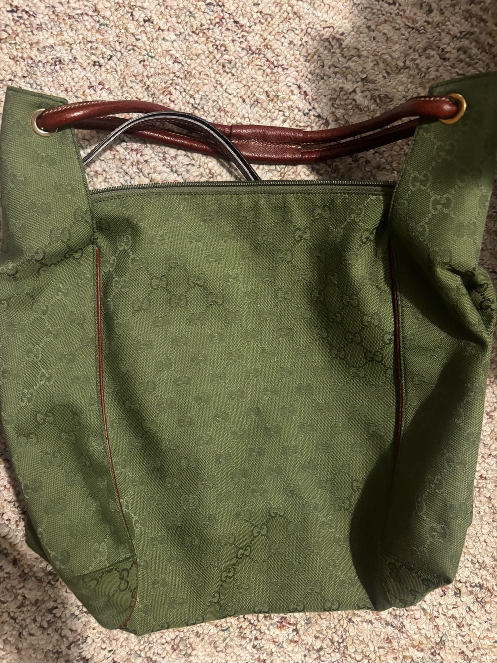 Gucci Olive Green GG Canvas Tote with Brown Leather Handles